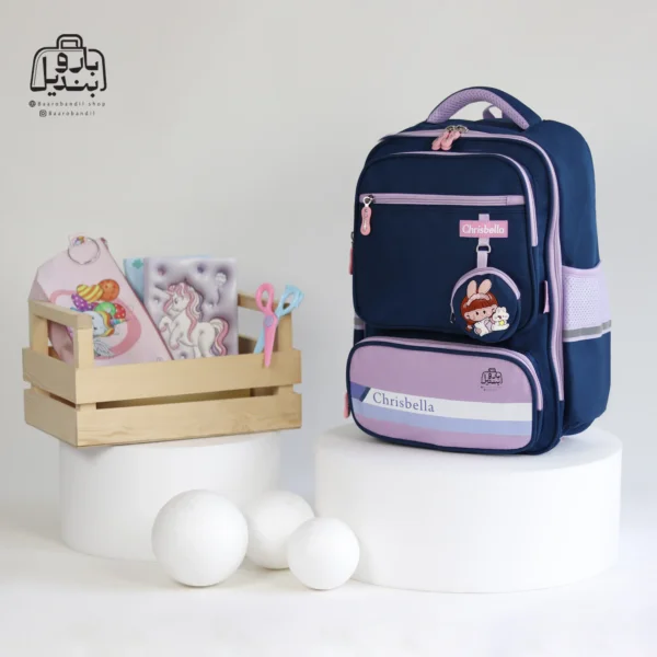 تصویر اختصاصی از نمای جلوی کوله پشتی مدرسه کریس بلا 1017 در طرح baby girl در رنگ سرمه ای