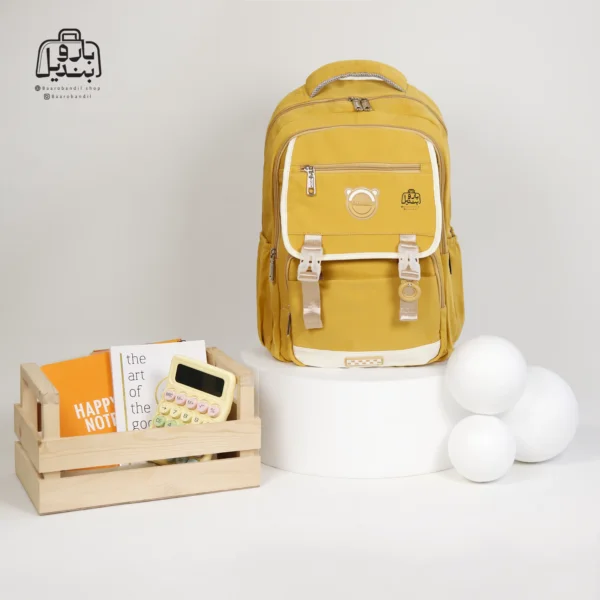 تصویر اختصاصی از نمای جلوی کوله پشتی مدرسه کریس بلا 1026 در طرح ساده در رنگ خردلی