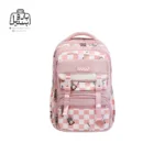 تصویر اختصاصی از نمای جلوی کوله پشتی مدرسه کریس بلا 1027 در طرح چهارخونه در رنگ صورتی