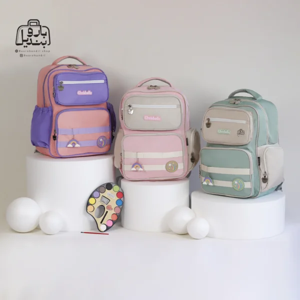 تصویر اختصاصی از کوله پشتی مدرسه کریس بلا 5003 در طرح رنگین کمان در رنگ سبز صورتی بنفش