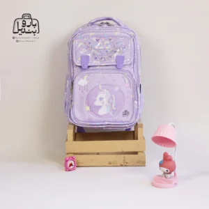 تصویر اختصاصی از نمای جلوی کوله پشتی مدرسه کریس بلا 5005 در طرح یونیکورن در رنگ بنفش