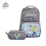 تصویر اختصاصی از نمای جلوی کوله پشتی مدرسه هونکا ۲۶۱۹ طرح دایناسور در رنگ طوسی همراه با جامدادی