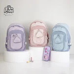 تصویر اختصاصی از نمای جلوی کوله پشتی مدرسه ingenium کد ۰۰۰۹ در رنگ صورتی یاسی آبی