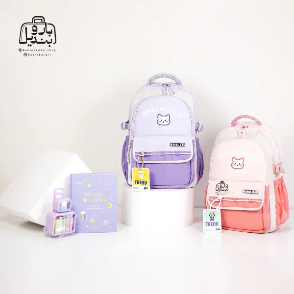 تصویر اختصاصی از نمای جلوی کوله پشتی مدرسه حاصل ۱۴۲۹ در رنگ یاسی صورتی