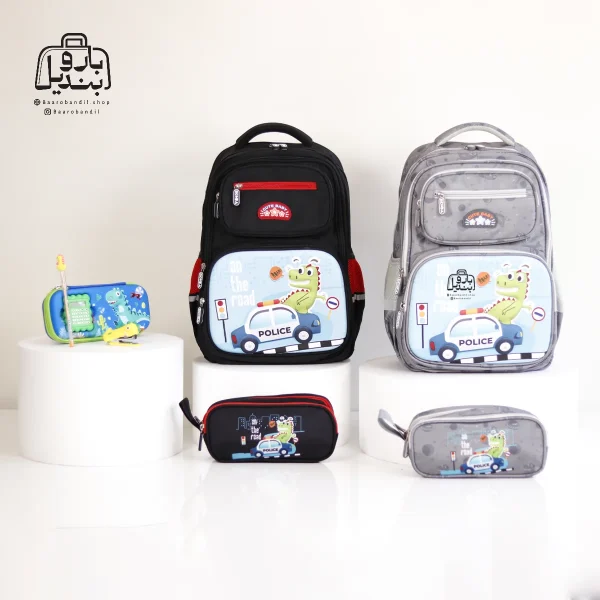 تصویر اختصاصی از نمای جلوی کوله پشتی مدرسه هونکا ۲۶۱۹ طرح دایناسور در رنگ مشکی طوسی