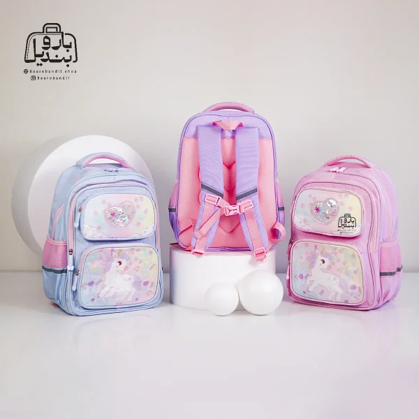 تصویر اختصاصی از نمای پشتی کوله پشتی مدرسه هونکا ۲۶۲۳ در رنگ آبی صورتی یاسی