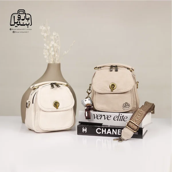 تصویر اختصاصی از نمای جلوی کیف دوشی زنانه موجیتو کد 7603 در رنگ سفید و کرمی