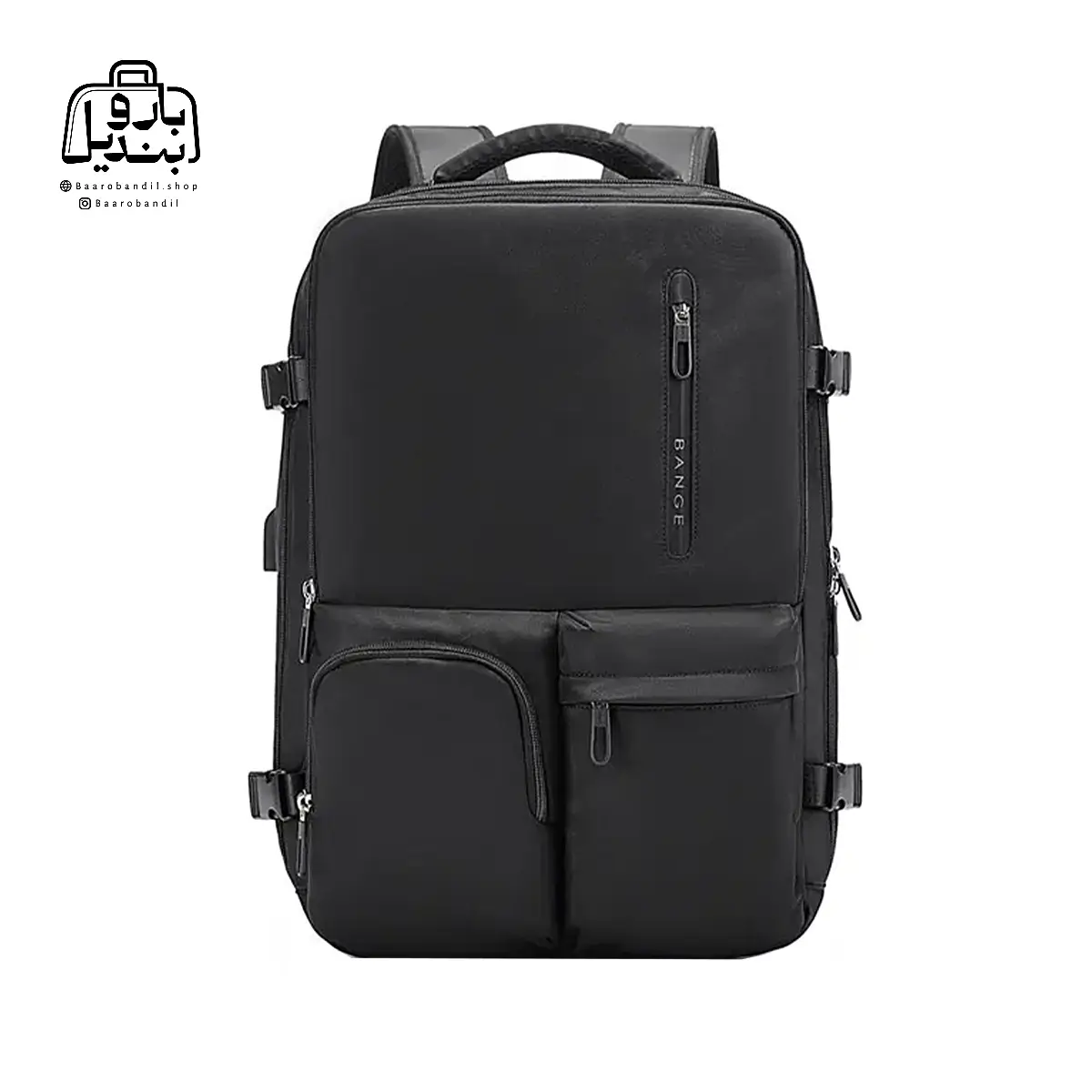 backpack-bange-1800-black-front تصویر اختصاصی از نمای جلوی کولهپشتی بنج کد ۱۸۰۰ در رنگ مشکی