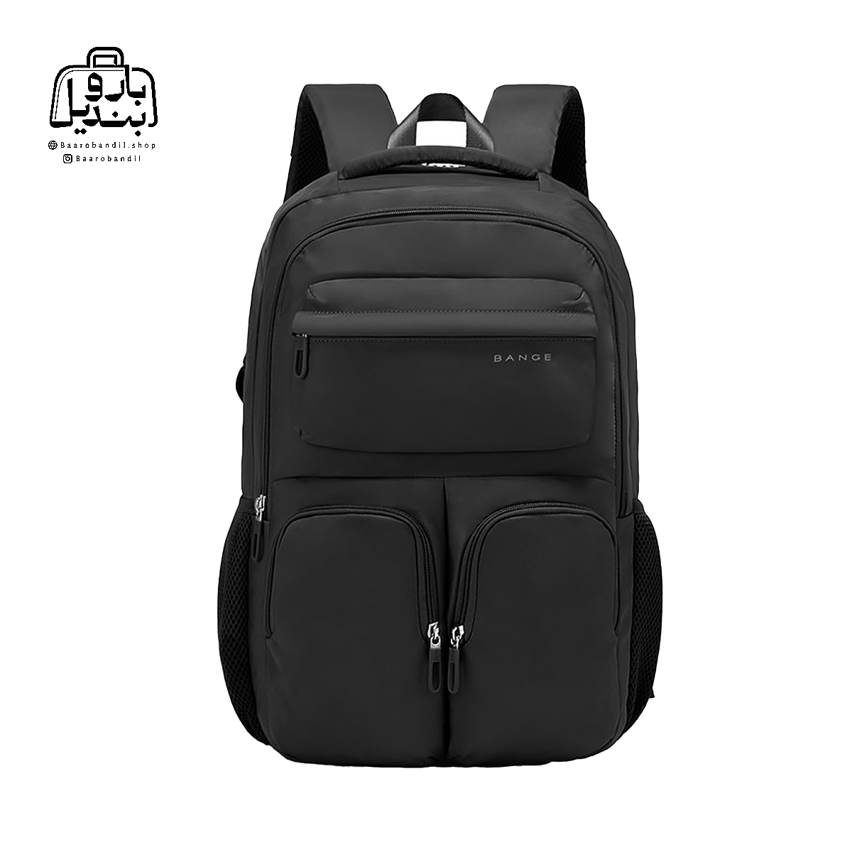 backpack-bange-1807-black-front تصویر اختصاصی از نمای جلوی کولهپشتی بنج کد ۱۸۰۷ در رنگ مشکی