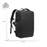 تصویر اختصاصی از نمای جلو و کناری کوله بنج کد 1908d در رنگ مشکی همراه با سایزبندی