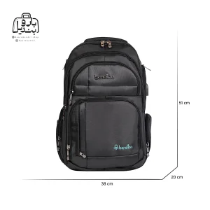 تصویر اختصاصی از نمای جلوی کوله‌پشتی بنلتون کد ۱۰۱ در رنگ مشکی همراه با سایزبندی