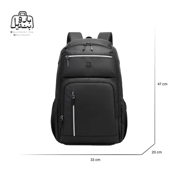 تصویر اختصاصی از نمای جلو کوله‌پشتی کاکا کد ۰۰۰۳ در رنگ مشکی همراه با سایزبندی