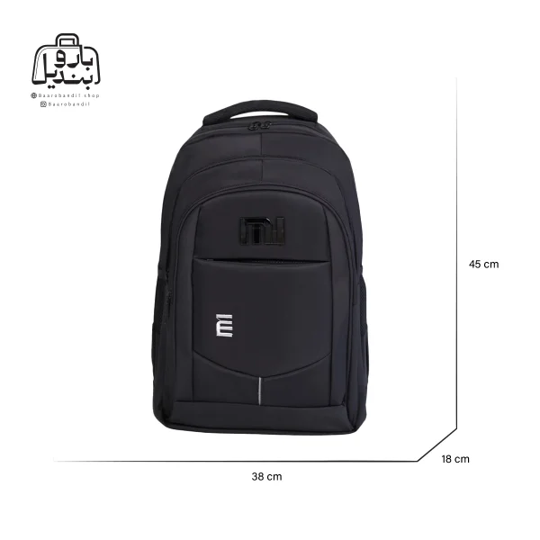 تصویر اختصاصی از نمای جلوی کوله‌پشتی ام آی کد ۱۷۸۰ در رنگ مشکی همراه با سایزبندی