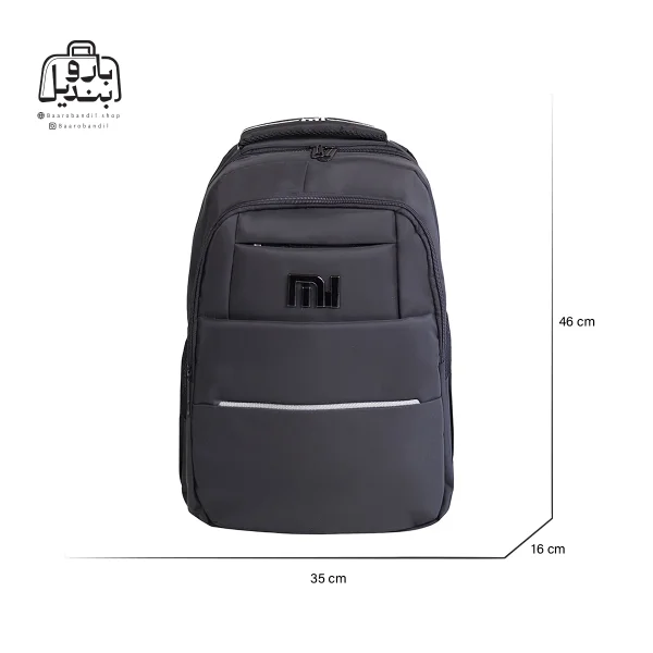 تصویر اختصاصی از نمای جلوی کوله‌پشتی ام آی کد ۱۷۸۲ در رنگ مشکی همراه با سایزبندی