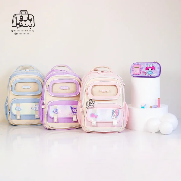 تصویر اختصاصی از نمای جلوی کوله پشتی مدرسه هپی بیبی کد ۱۳۰۵ در رنگ آبی صورتی یاسی