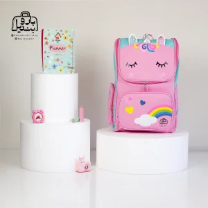 تصویر اختصاصی از نمای جلوی کوله پشتی مدرسه یونیکورن رنگین کمان 1007 سایز بزرگ در رنگ صورتی