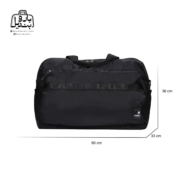 تصویر اختصاصی از نمای جلوی ساک ورزشی ولنتیر کد ۰۶-۱۸۰۷ ls در رنگ مشکی همراه با سایزبندی