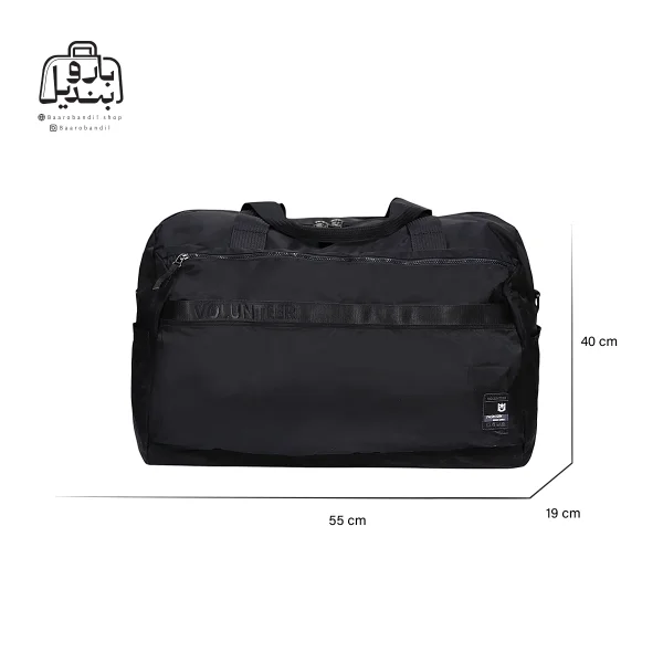 تصویر اختصاصی از نمای جلوی ساک ورزشی ولنتیر کد ۰۵-۱۸۲۱ در رنگ مشکی همراه با سایزبندی