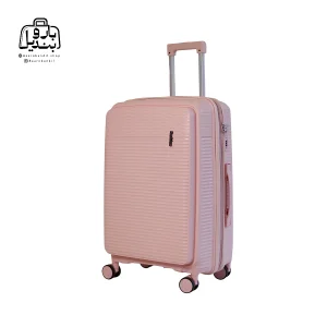 تصویر اختصاصی از نمای جلو و کناری چمدان فشن سایز متوسط در رنگ کالباسی