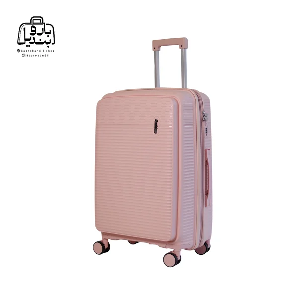 تصویر اختصاصی از نمای جلو و کناری چمدان فشن سایز متوسط در رنگ کالباسی