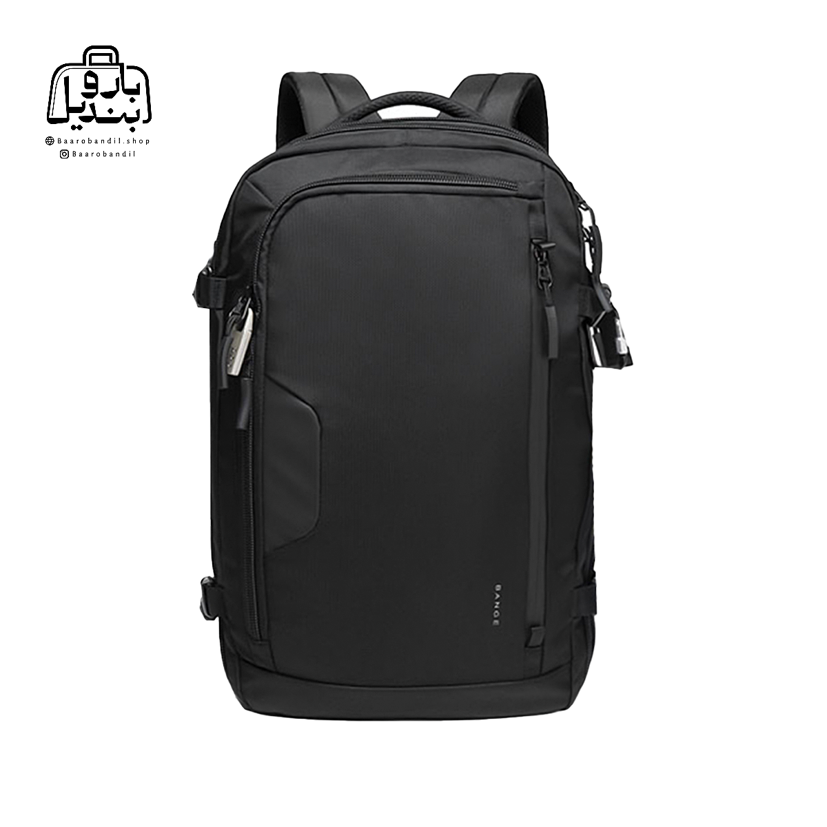backpack-bange-22039-black-front-2 تصویر اختصاصی از نمای جلوی کولهپشتی بنج کد ۲۲۰۳۹ در رنگ مشکی