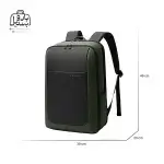 تصویر اختصاصی از نمای جلو و کناری کوله بنج کد 2952 در رنگ مشکی سبز همراه با سایزبندی