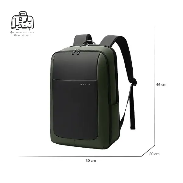 تصویر اختصاصی از نمای جلو و کناری کوله بنج کد 2952 در رنگ مشکی سبز همراه با سایزبندی