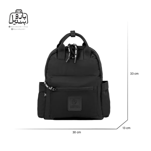 تصویر اختصاصی از نمای جلوی کوله بوبو کد ۳۲۰۱ در رنگ مشکی همراه با سایزبندی