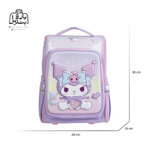 تصویر اختصاصی از نمای جلوی کوله‌پشتی مدرسه کرومی کد ۷۰۹۰ در رنگ یاسی همراه با سایزبندی