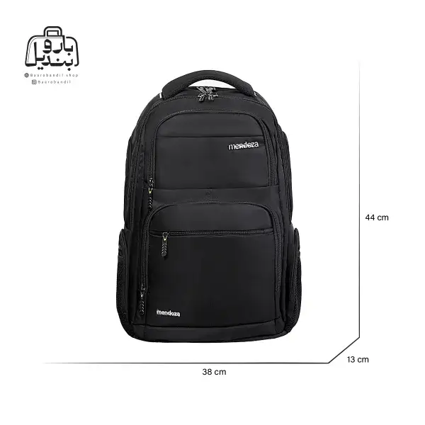 تصویر اختصاصی از نمای جلوی کوله‌پشتی مندوزا کد ۱۰۱ در رنگ مشکی همراه با سایزبندی