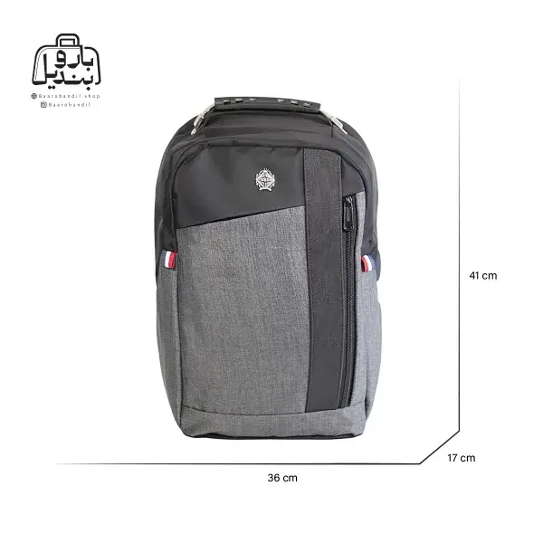 تصویر اختصاصی از نمای جلوی کوله‌پشتی مونکلر کد h۳۲ در رنگ مشکی طوسی همراه با سایزبندی