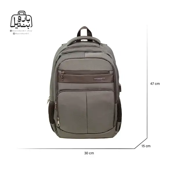 تصویر اختصاصی از نمای جلوی کوله‌پشتی نوژیا کد ۰۲۰۳ در رنگ سبز-طوسی همراه با سایزبندی