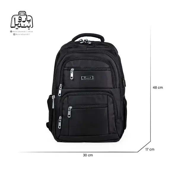 تصویر اختصاصی از نمای جلوی کوله‌پشتی نوژیا کد ۰۲۸۰ در رنگ مشکی همراه با سایزبندی