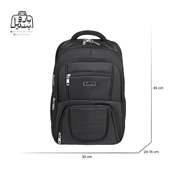 تصویر اختصاصی از نمای جلوی کوله‌پشتی نوژیا کد ۱۸۸۵ در رنگ مشکی همراه با سایزبندی