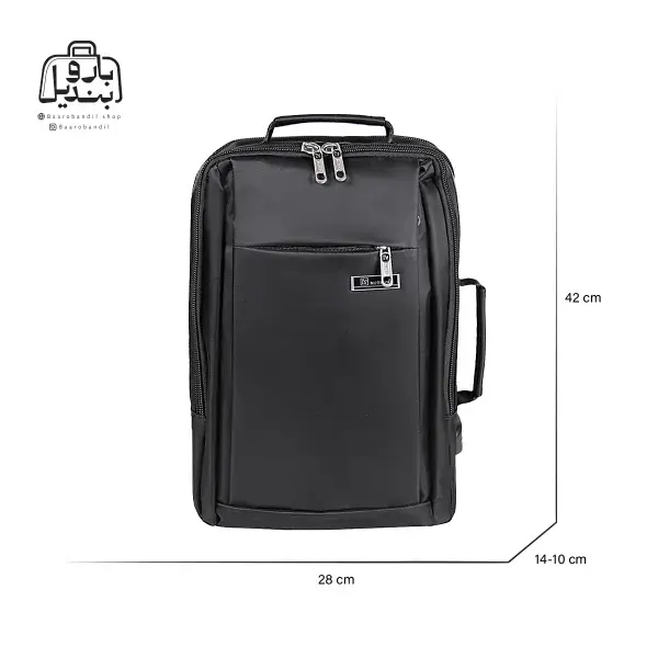 تصویر اختصاصی از نمای جلوی کوله‌پشتی نوژیا کد ۵۹۱۱ در رنگ مشکی همراه با سایزبندی