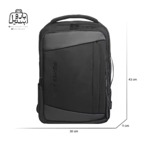 تصویر اختصاصی از نمای جلوی کوله‌پشتی پاورگینگ کد ۱۲۰۲۴ در رنگ مشکی همراه با سایزبندی