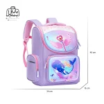 تصویر اختصاصی از نمای جلو و کناری کوله پشتی مدرسه دلفین سایز بزرگ در رنگ بنفش همراه با سایزبندی