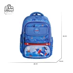 تصویر اختصاصی از نمای جلوی کوله پشتی مدرسه سان ایت طرح دایناسور و آتش فشان 0270 در رنگ آبی همراه با سایزبندی