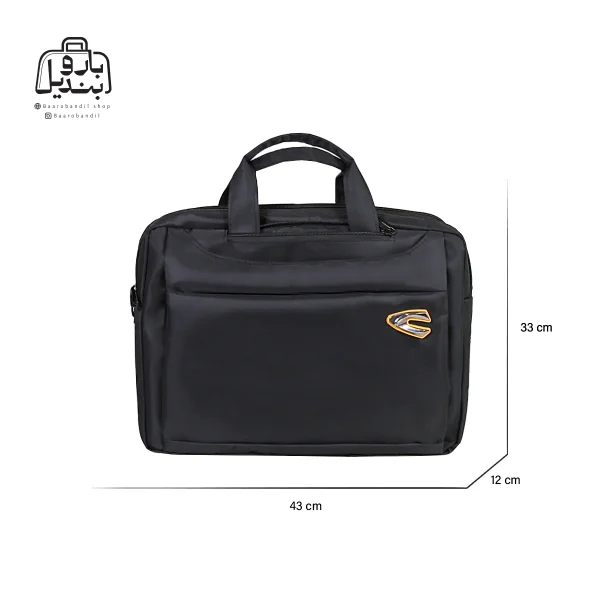 تصویر اختصاصی از نمای جلوی کیف دستی لپ‌تاپی کمل کد A102 در رنگ مشکی همراه با سایزبندی