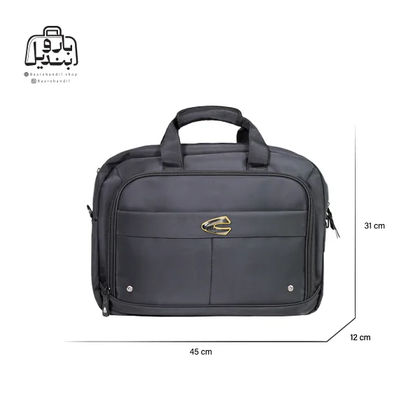 تصویر اختصاصی از نمای جلوی کیف دستی لپ‌تاپی کمل کد A107 در رنگ مشکی همراه با سایزبندی