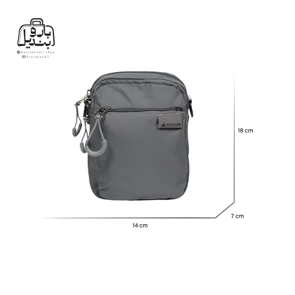 تصویر اختصاصی از نمای جلوی کیف دوشی فوور کد 2802-08 در رنگ طوسی همراه با سایزبندی