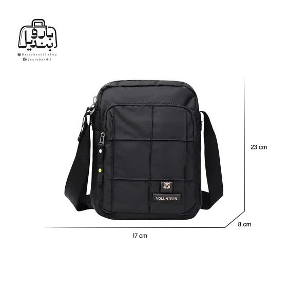 تصویر اختصاصی از نمای جلوی کیف دوشی ولنتیر کد 1590-25 در رنگ مشکی همراه با سایزبندی