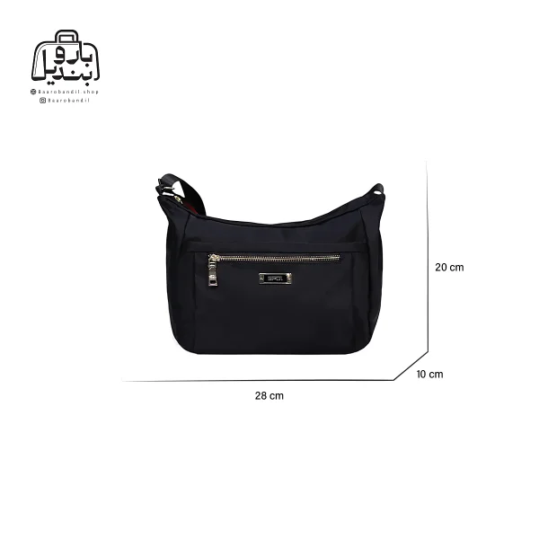 تصویر اختصاصی از نمای جلوی کیف زنانه دوشی ایپول کد 6006-18 در رنگ مشکی همراه با سایزبندی