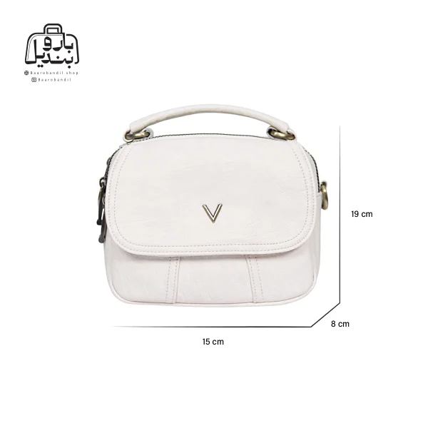 تصویر اختصاصی از نمای جلوی کیف دوشی زنانه موجیتو کد 7616 در رنگ سفید همراه با سایزبندی