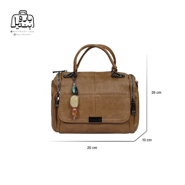 تصویر اختصاصی از نمای جلوی کیف دوشی زنانه موجیتو کد 7658 در رنگ قهوه‌ای همراه با سایزبندی