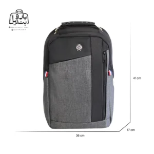 تصویر اختصاصی از نمای جلوی کولهپشتی مونکلر کد h۳۲ در رنگ مشکی طوسی همراه با سایزبندی