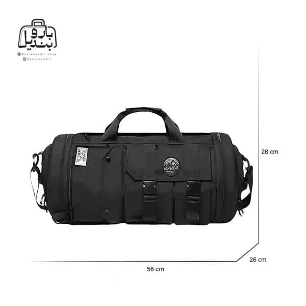 تصویر اختصاصی از نمای جلوی ساک ورزشی بنج کد ۱۹۹۰ در رنگ مشکی همراه با سایزبندی