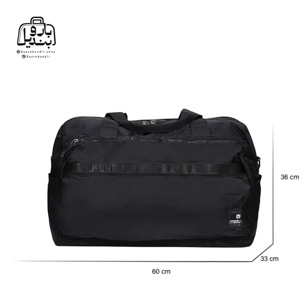 تصویر اختصاصی از نمای جلوی ساک ورزشی ولنتیر کد ۰۶-۱۸۰۷ ls در رنگ مشکی همراه با سایزبندی