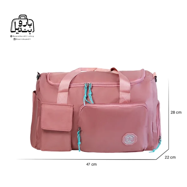 تصویر اختصاصی از نمای جلوی ساک ورزشی بوبو کد ۷۵۴ در رنگ کالباسی همراه با سایزبندی