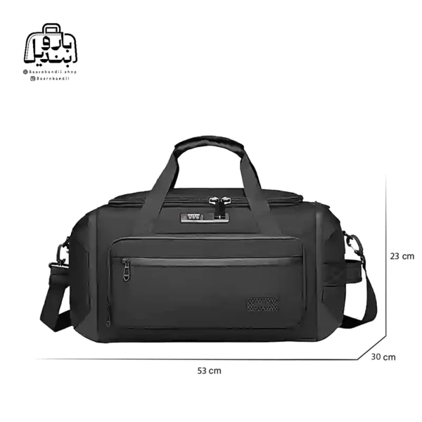 تصویر اختصاصی از نمای جلوی ساک ورزشی اوزوکو کد 9709 در رنگ مشکی همراه با سایزبندی